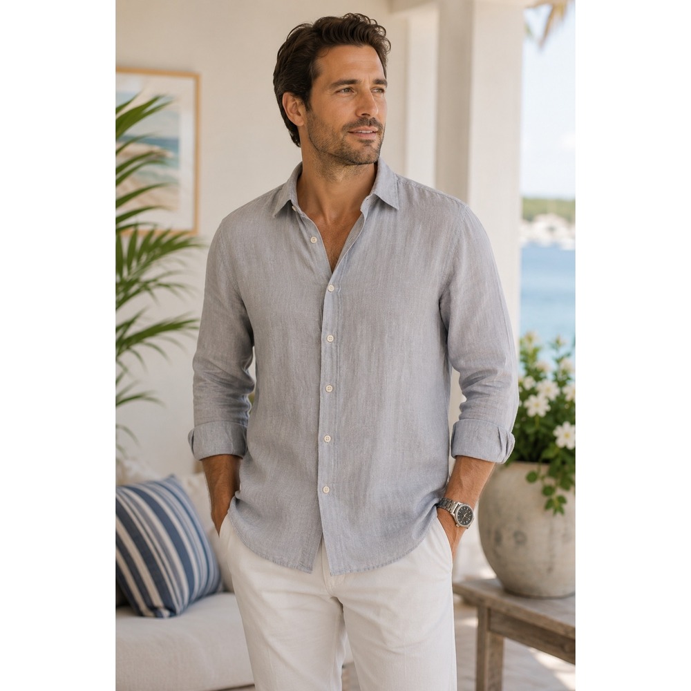 Luxury 100% Linen Club Room Gray Button Front Shirt Men's Medium Long Sleeve
